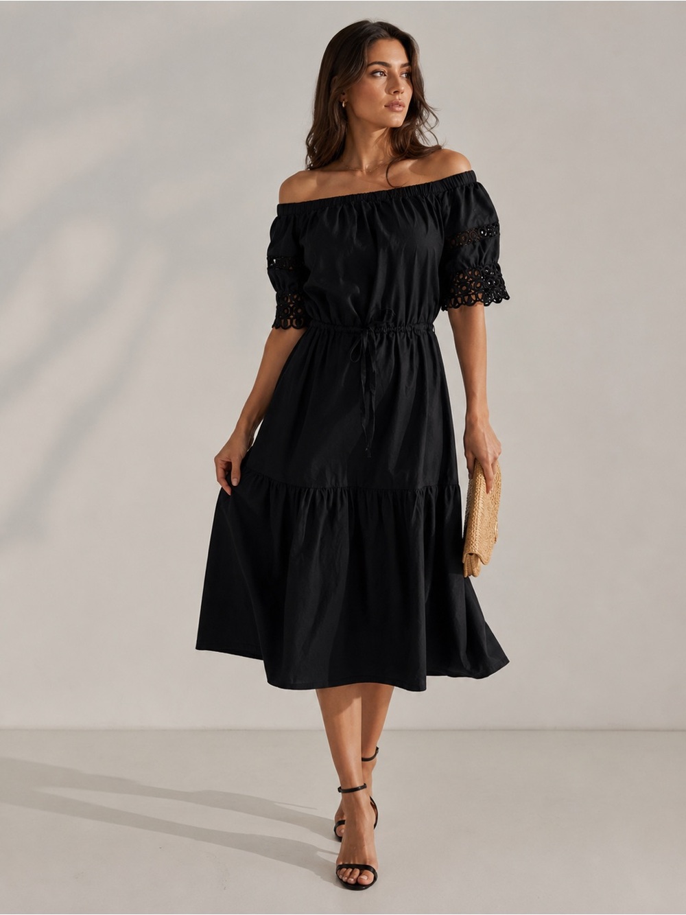 Who What Wear Black Eyelet Cottage Summer Midi Dress Cotton Size XS